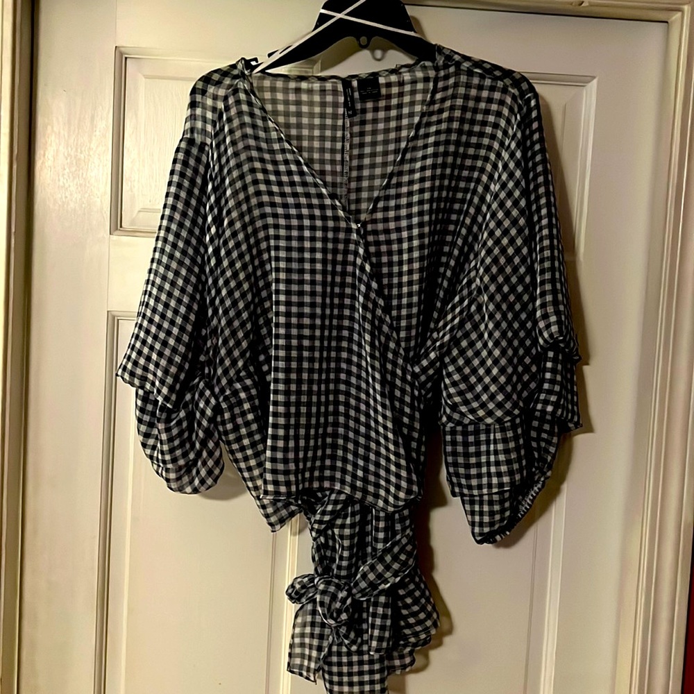 Beautiful checker wrap blouse!
